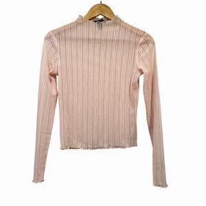Forever 21🌿Sheer Ribbed Long Sleeve Women Mock Neck Top Size M– Light Pink